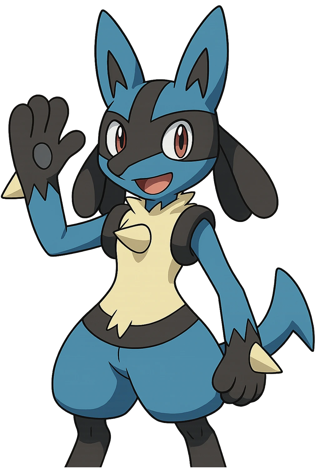 Lucario, friendly expression, waving, blue and black fur, anime-inspired emoji