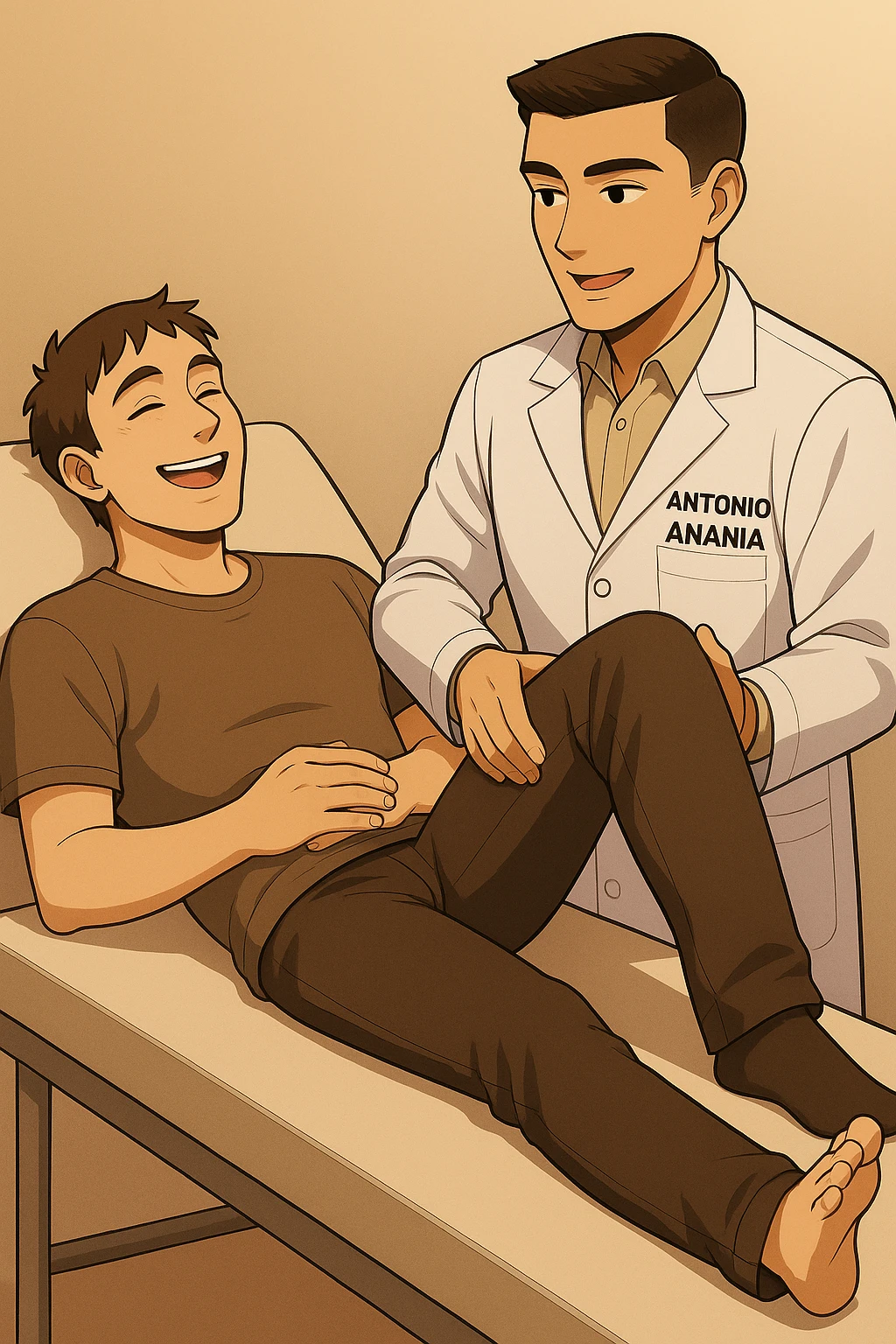 fai un webtoon manga a colori con questo stile, in cui un uomo è steso sul lettino medico e il kinesiologo con il camice bianco (fagli anche la scritta "ANTONIO ANANIA" SUL CAMICE, gli solleva una gamba per fargli il test neuromuscolare, IL KINESIOLOGO SPIEGA ALL'UOMO UNA cosa mentre gli alza la gamba. l'espressione dell'uomo è felice e soddisfatta, non fare i fumetti però, fai solo in modo che sembri stiano parlando, il lettino fai in modo che si veda tutto intero emoji