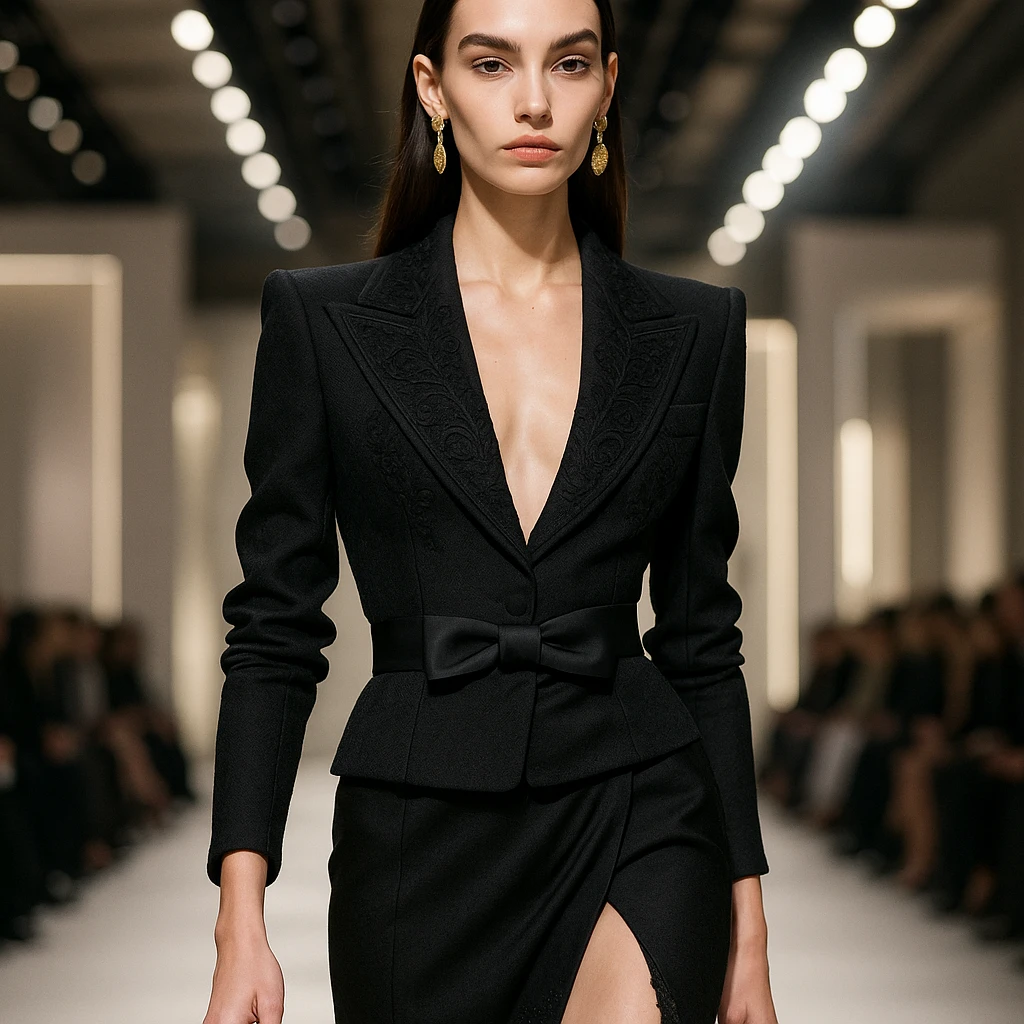 a high-fashion model girl with thin eyebrows, straight dark hair, full lips, and a shapely body, wearing designer clothes emoji