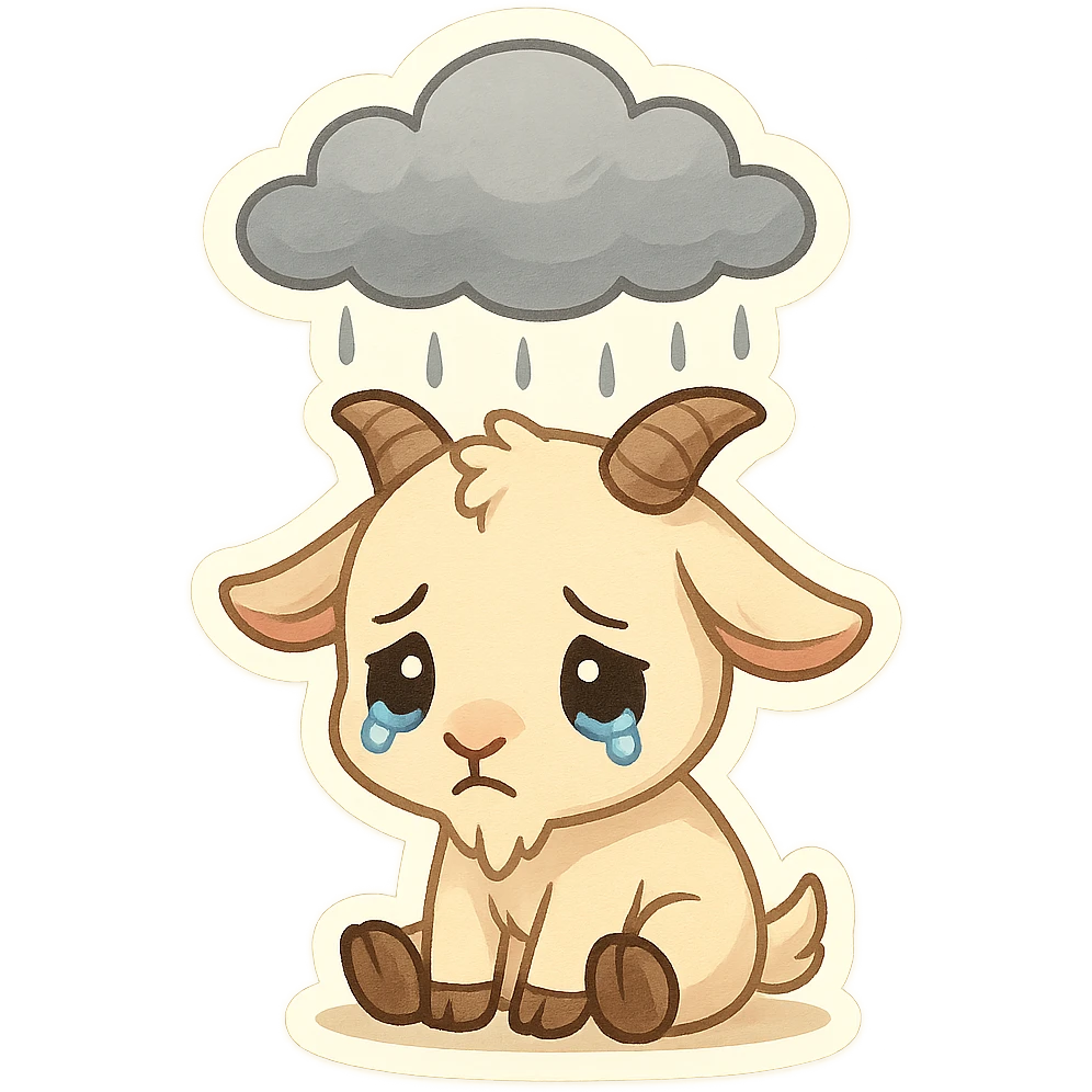 chibi goat, sad, rain cloud above, looking down, simple background emoji