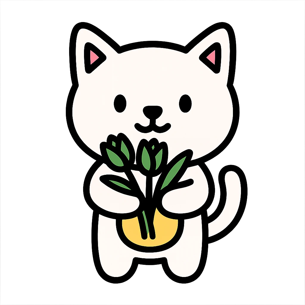 white cat holding green tulips emoji