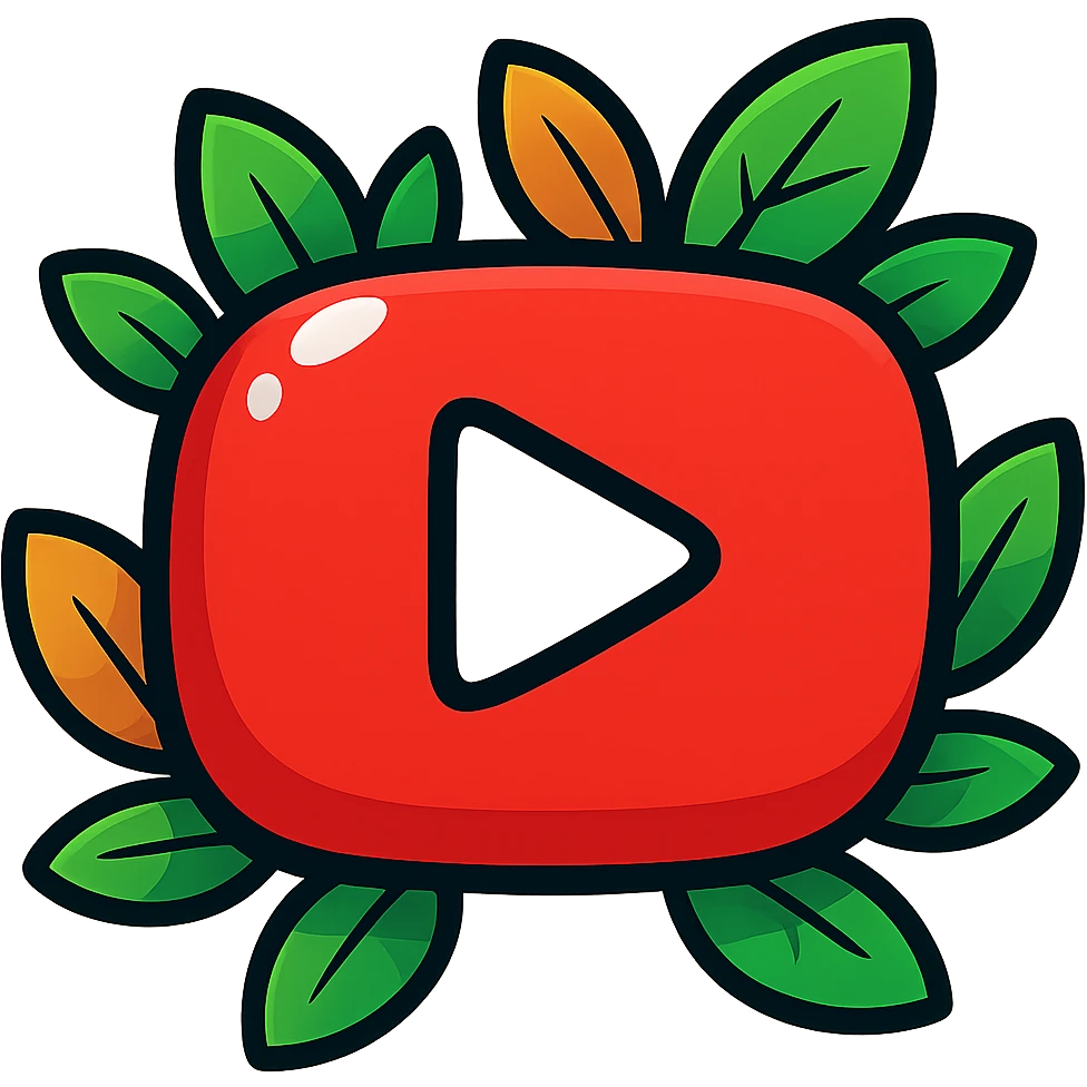 Extra plump, rounded YouTube logo in vibrant toon style with bold black outline, sharp graphic solid shadows, and glossy highlights. No gradients; shadows and highlights are solid and distinct, not soft or 3D. Emphasize a drawn, illustrated look with solid bright colors, no background, and bright leaves around the logo. Make the shapes even rounder and softer, flat and cartoonish. emoji
