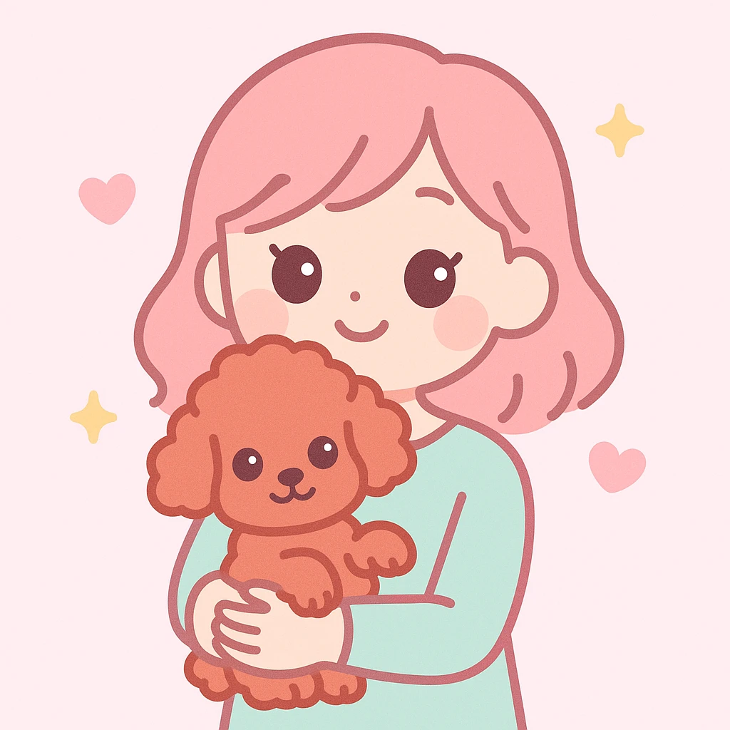a cute woman holding a red toy poodle, playful and sweet, pastel tones, minimal background emoji