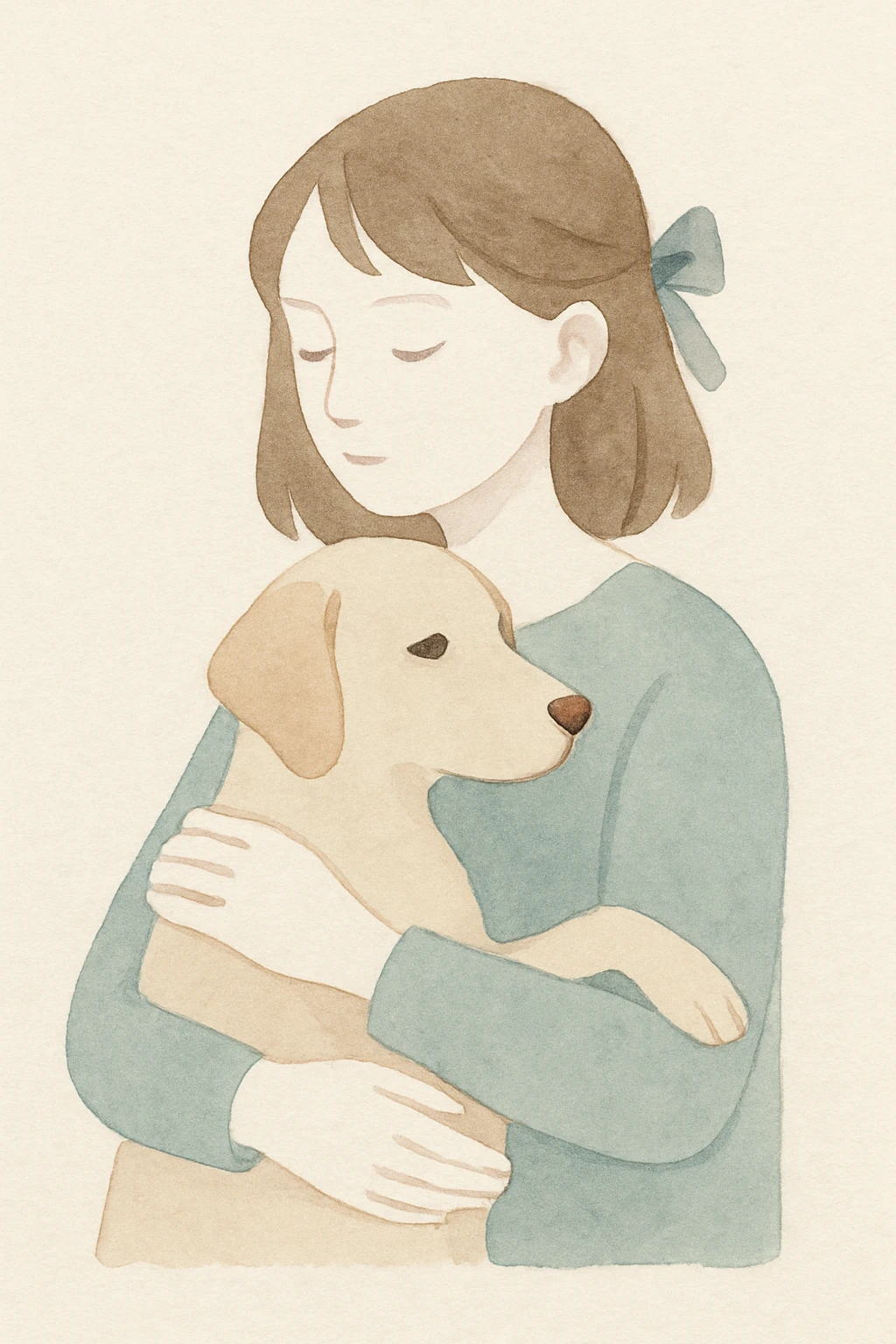 A pale girl with brown shoulder-length hair tied with a ribbon hairclip, holding a dog emoji