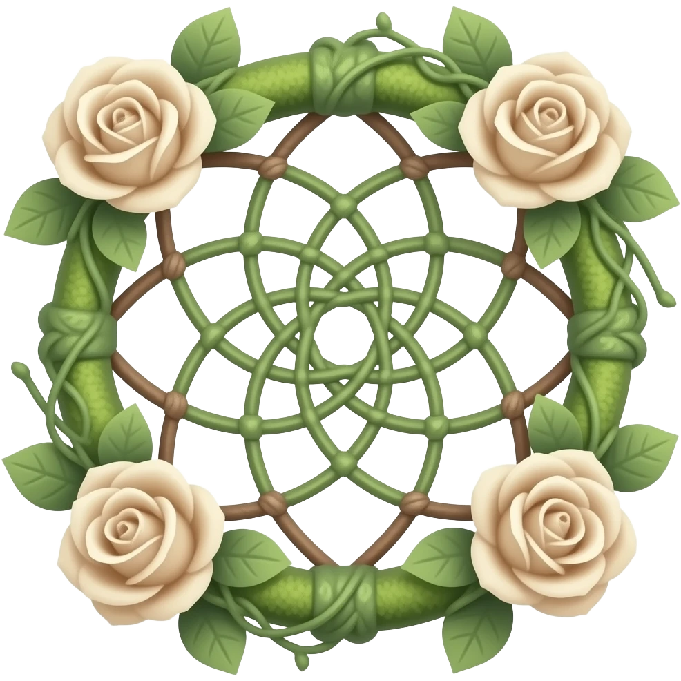 Green white brownish beige dreamcatcher, pastel colors, whitish, light, green academia aesthetic, mossy, with green vines and beige roses emoji