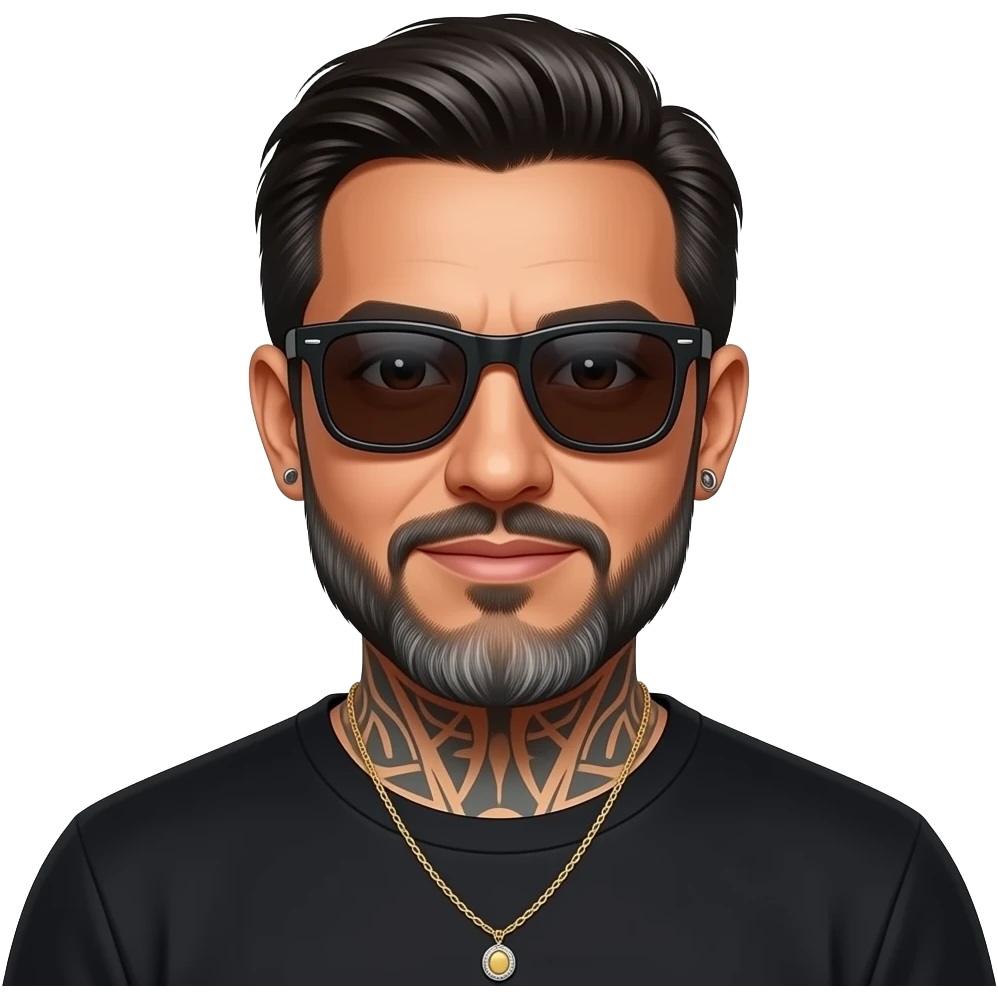 The handsome manly Latino podcast host with medium length hair, a long slightly graying beard and tattoos with his ears pierced 1 time each ear and a nose ring on the right side, dark brown eyes, wearing black, dark sunglasses, and jewelry, posing for a photo shoot emoji