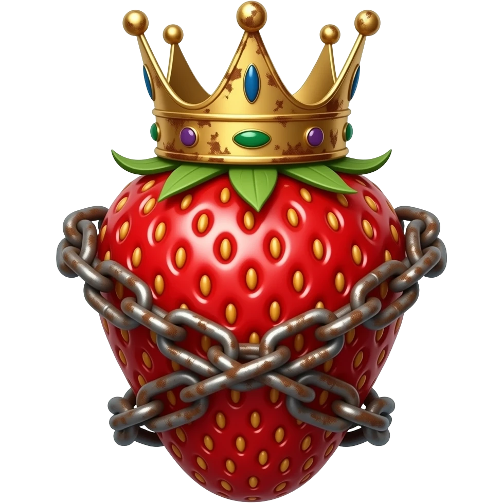 a gold strawberry with a rusty, richly decorated English royal crown on top that is flaming. An oversized rusty chain is wrapped around the strawberry's body and is spinning around its body emoji