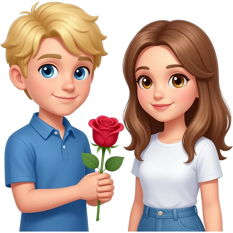 A blonde hair blue eyed boy giving a light brown haired girl with Hazel eyes Roses emoji