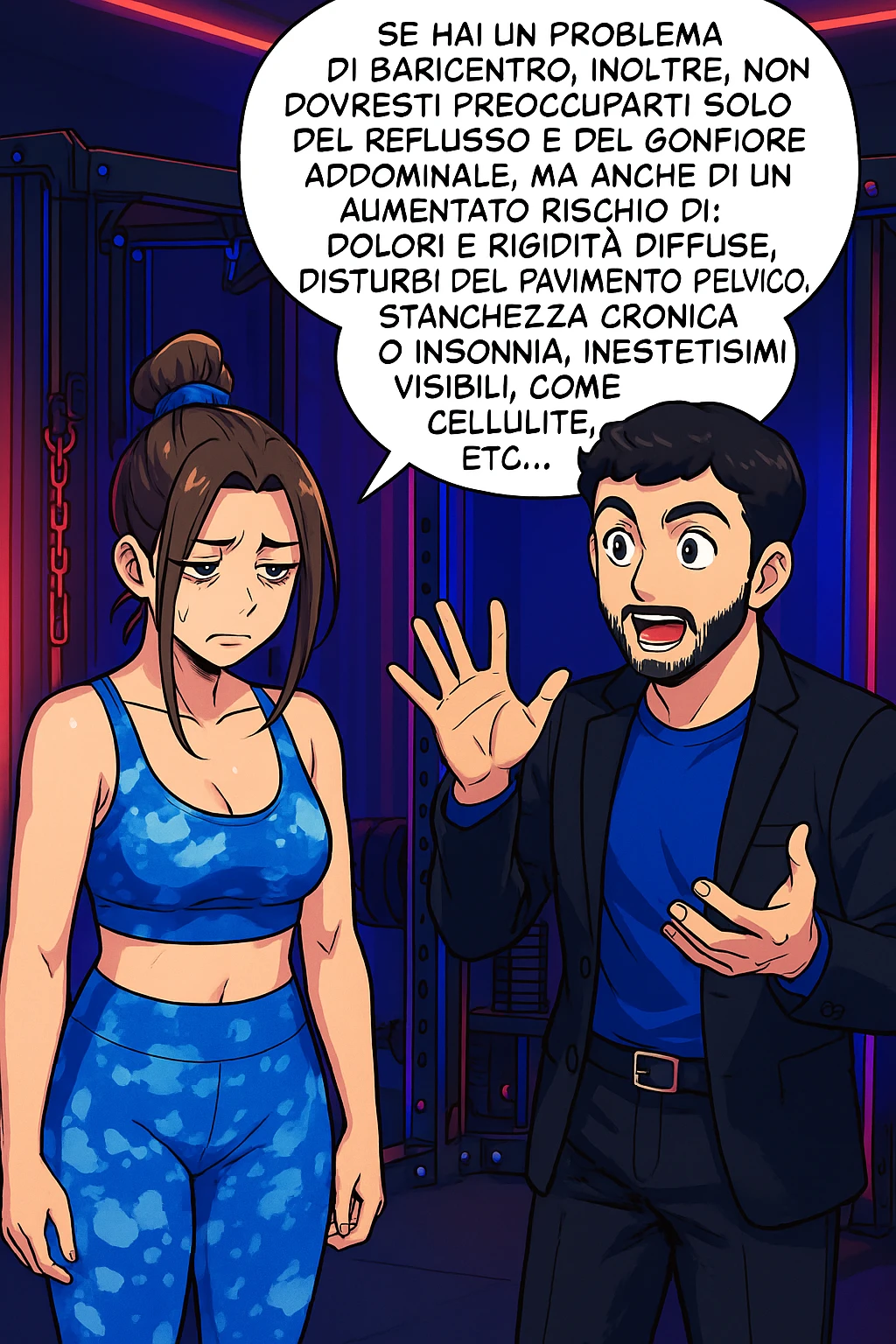 TRASFORMA QUESTO CAROSELLO IN UN FUMETTO STILE WEBTOON/MANGA A COLORI CON QUESTE DUE PERSONE IDENTICHE CHE INTERLOQUISCONO TRA LORO, L'uomo sta spiegando alla donna questo concetto:

Se hai un problema di baricentro, inoltre, non dovresti preoccuparti solo del reflusso e del gonfiore addominale, ma anche di un aumentato rischio di:
    • dolori e rigidità diffuse
    • disturbi pavimento pelvico
    • stanchezza cronica o insonnia
    • inestetismi visibili, come celluluite
    • etc… emoji