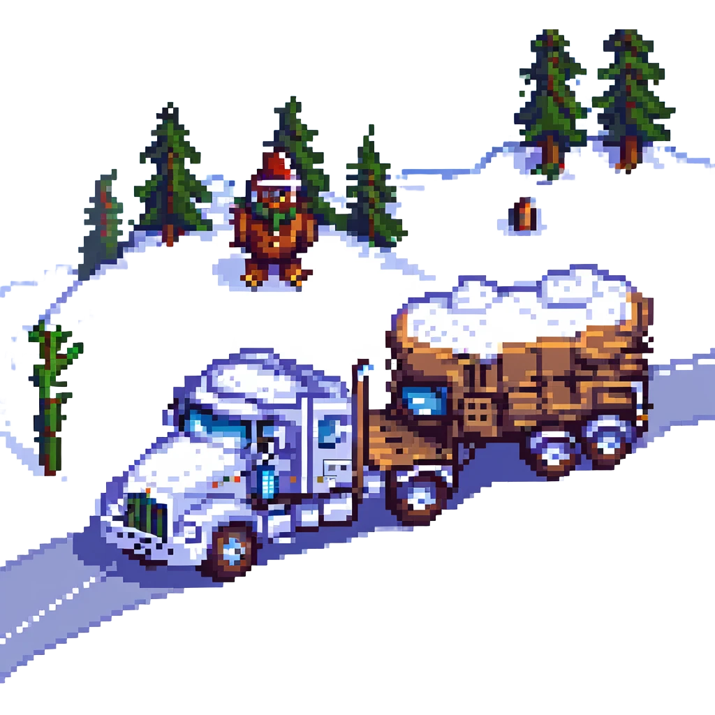 2026 Kenworth W680 flat top semi sleeper with stacks chasing an abominable snowman down the road, pixel art style emoji