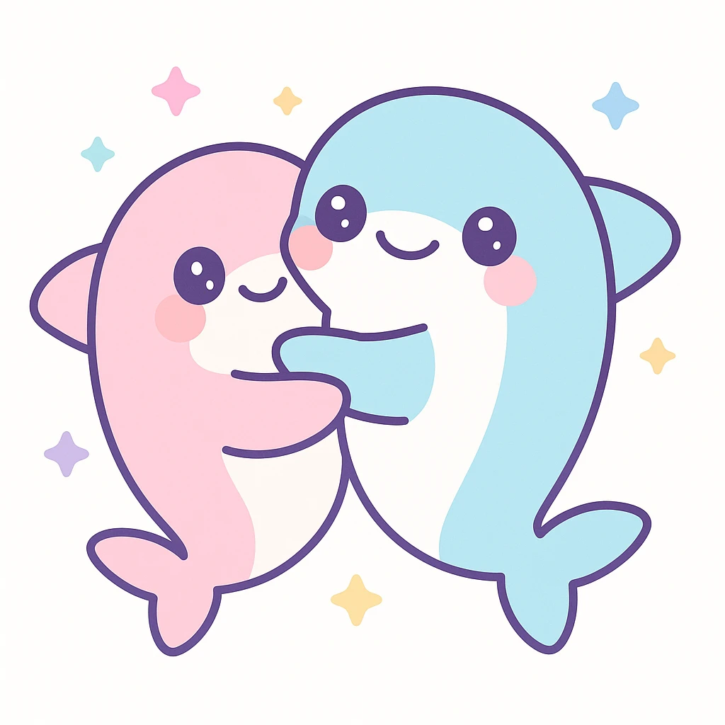 two sharks hugging, kawaii style, cute and round emoji
