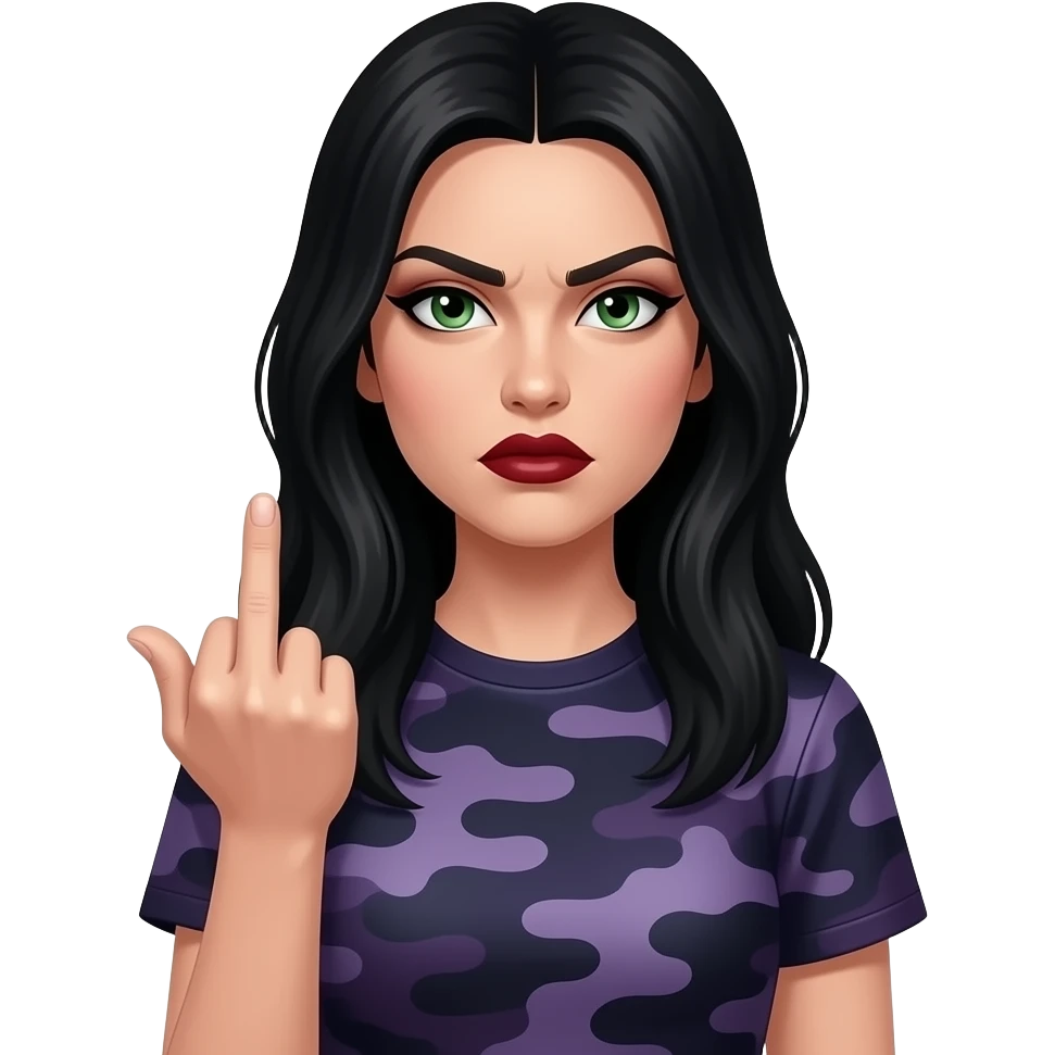 Angry Pale Woman with long black hair and green eyes dark red lips black eye makeup and a dark purple camoflage shirt giving the finger emoji