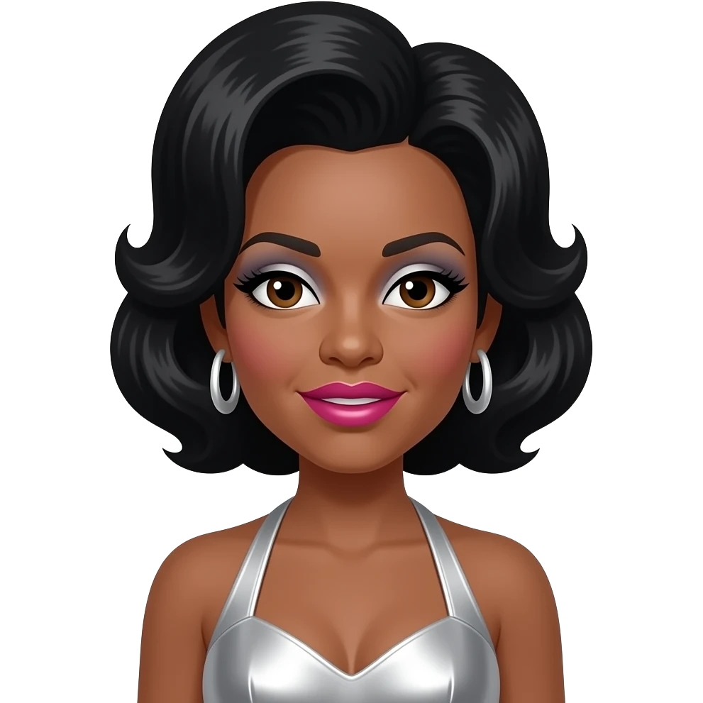 Mary Wilson from The Supremes with dark brown eyes, black beehive hair, silver eyeshadow, hot pink lipstick, silver metallic halter dress, silver earrings emoji