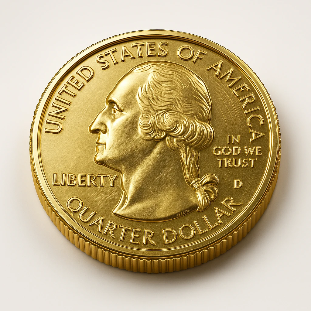 a gold coin with a quarter design, shiny and metallic, detailed engraving, realistic style emoji