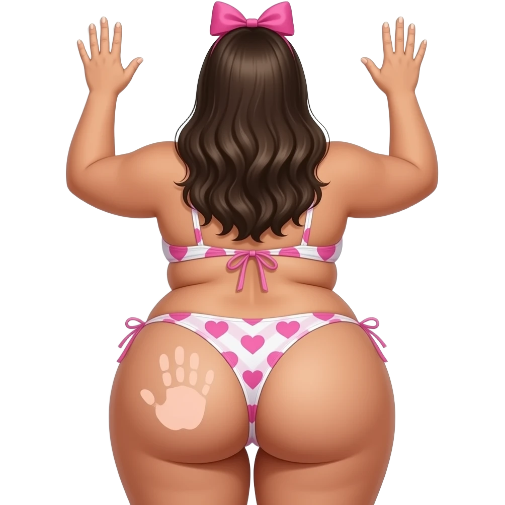 A tanned really extremely fat pink and white big booty latina showing back its bikini and big thighs and buttocks while putting her hands behind the wall and she has a skin colored hand print on her left buttocks and she with a pink bow tie on her head emoji