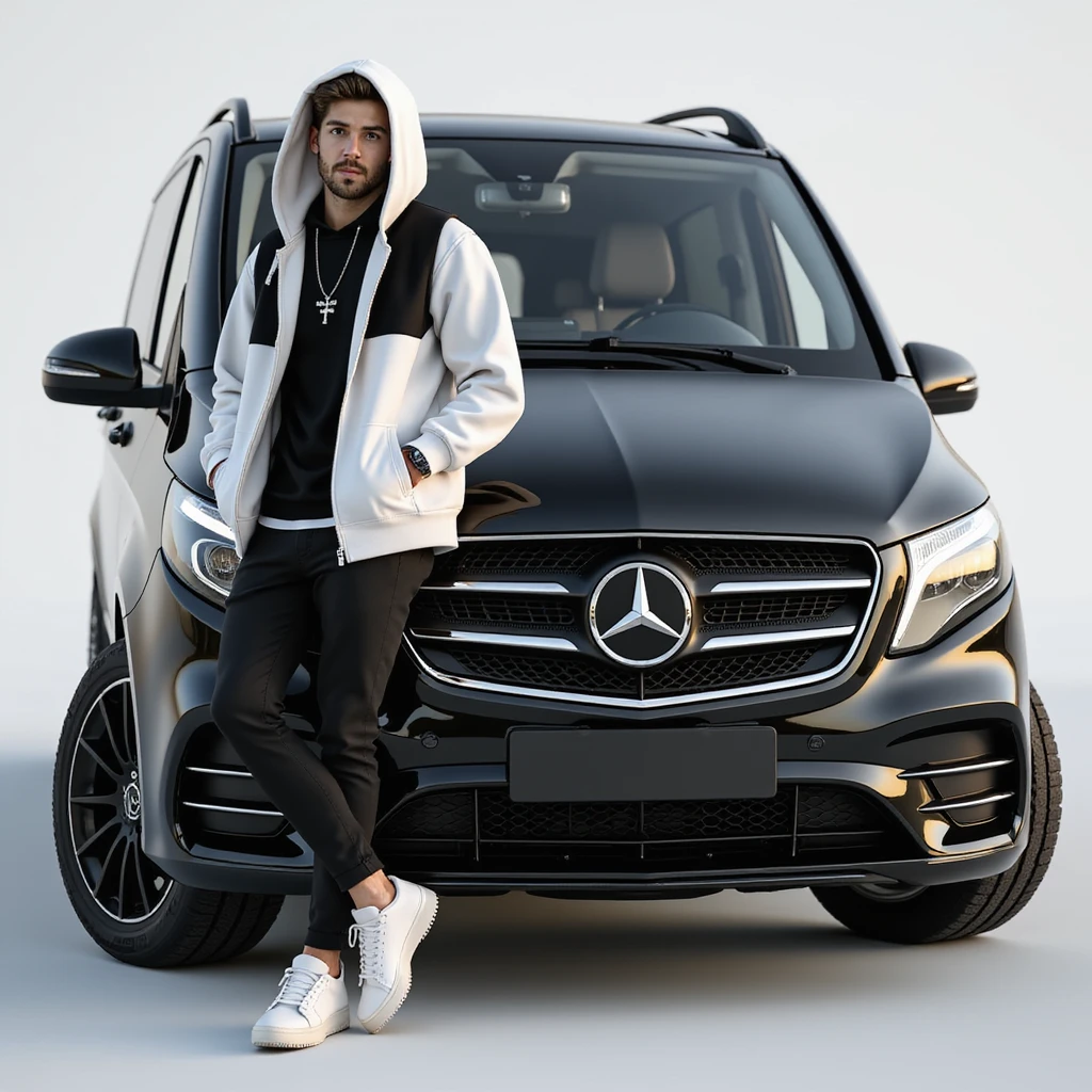 cool male character in white sneakers, black pants, white hoodie, black vest, hood up, leaning on a black 2024 Mercedes-Benz V-Class Extra Long 300 d, photorealistic style emoji