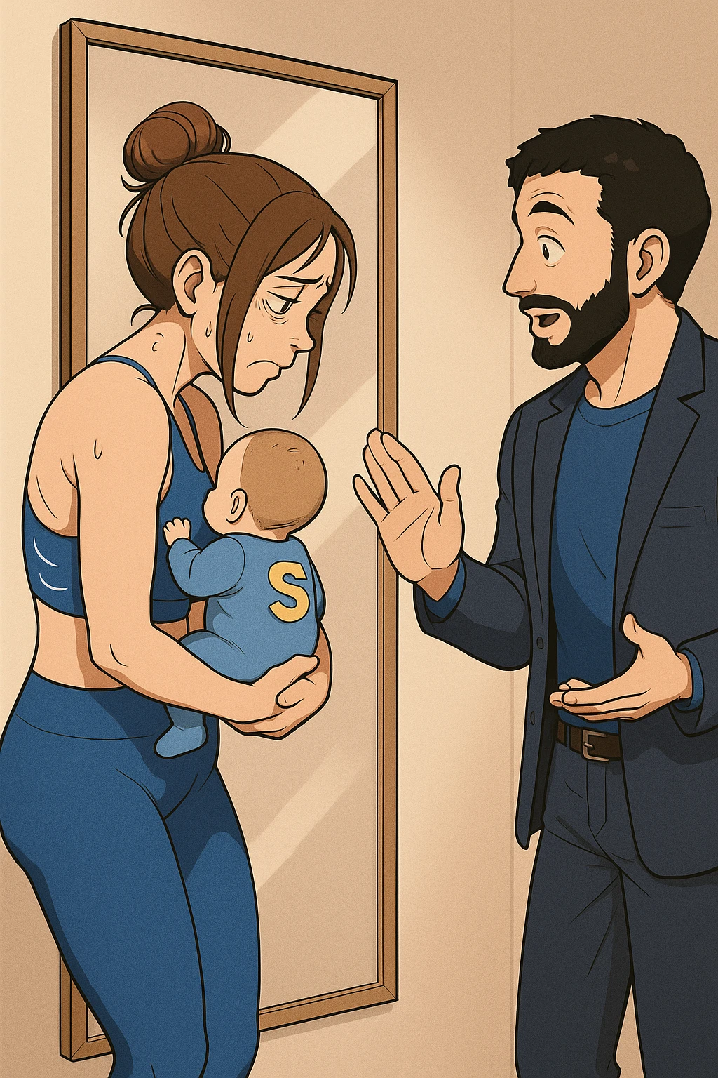 ispirati a questo stile di disegno e fai questa immagine in versione manga/webtoon a colori, il manga mostra la donna che si guarda alla specchio preoccupata di profilo con la postura sbagliata e incurvata, spalle chiuse e curve in avanti, con un neonato in braccio con una tutina azzurra e la scritta "S" sulla schiena, spina dorsale storta della donna in evidenza mentre al suo fianco anche l'uomo guarda la donna riflessa nello specchio e le spiega una cosa, ma non fare i fumetti, fai come se stessero parlando emoji