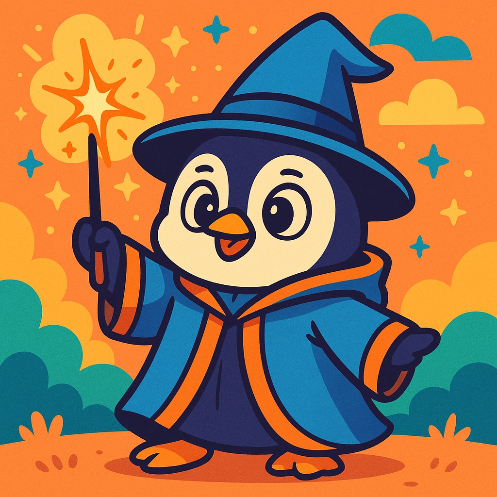 cute penguin wizard casting a spell, wearing a robe and holding a wand, cartoon style emoji