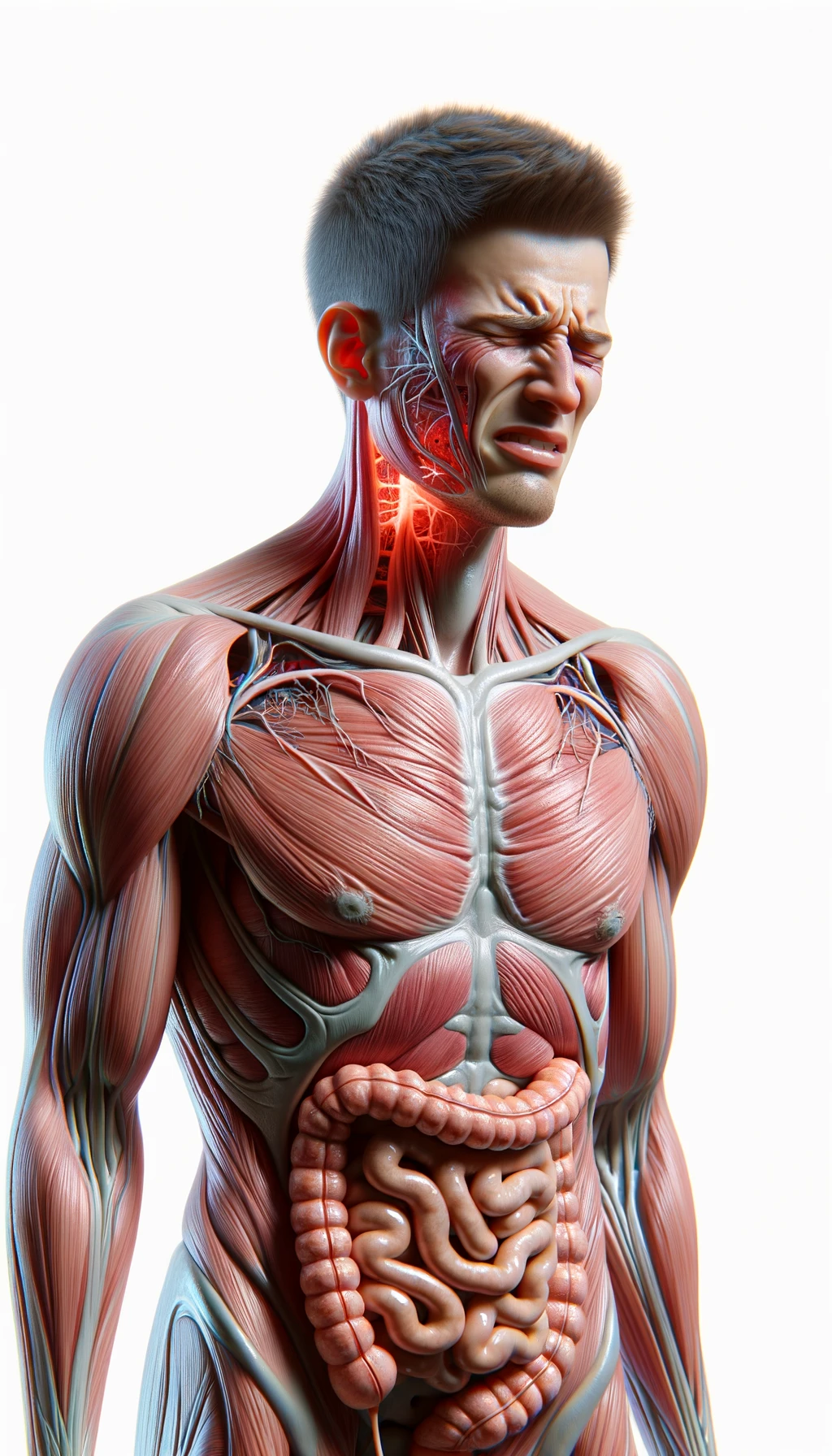 corpo umano anatomico con capelli corti realistico con intestino infiammato, espressione di dolore in volto, iperrealistico 4k, isolato su sfondo bianco emoji