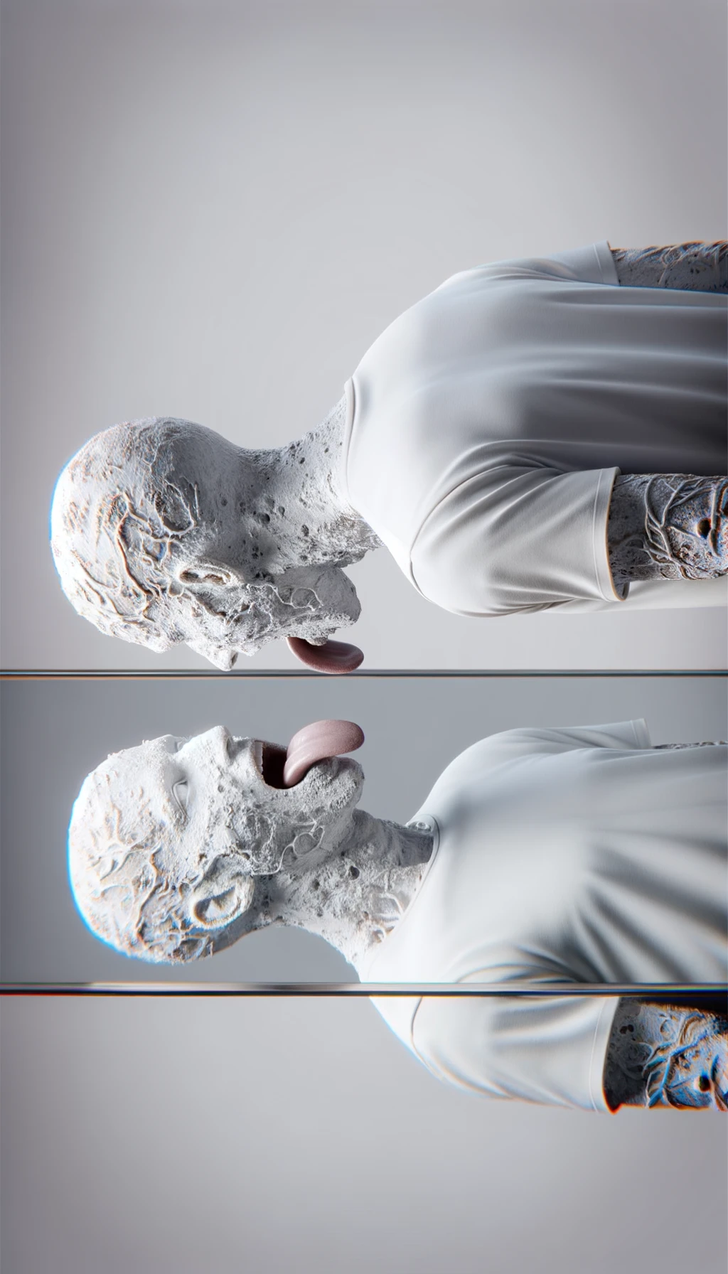 CORPO UMANO ANATOMICO IN PIEDI  A FIGURA INTERA CHE SI GUARDA LA LINGUA ALLO SPECCHIO , TIENE LA LINGUA FUORI E LA LINGUA è PIENA DI MACCHIE BIANCASTRE, NEUTRAL CLEAR BACKGROUND, iperrealistico 4k emoji