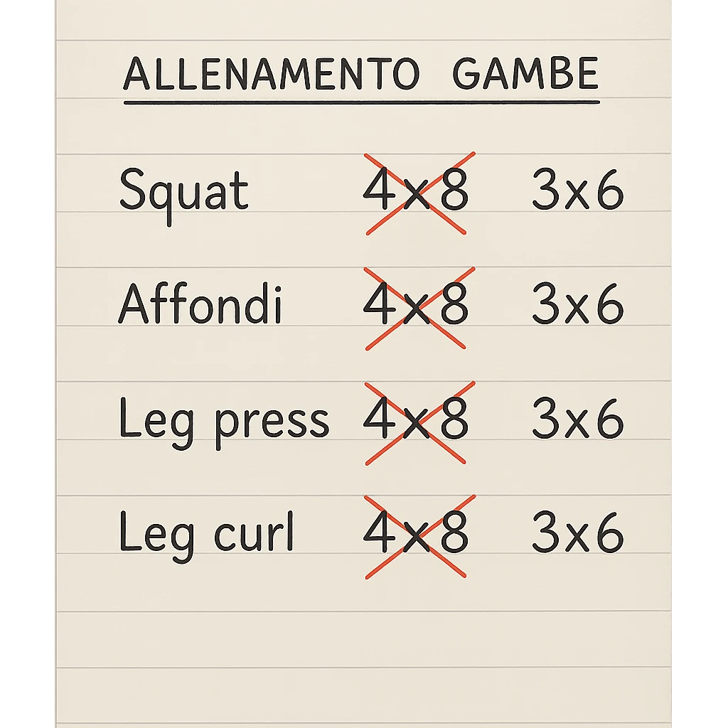 foglio di carta con scheda di allenamento gambe in italiano con volume di allenamento ridotto (fai alcuni esercizi con 4x8 scritti in precedenza sbarrati in rosso e la correzione accanto tipo 3x6), scrivila al meglio che puoi emoji