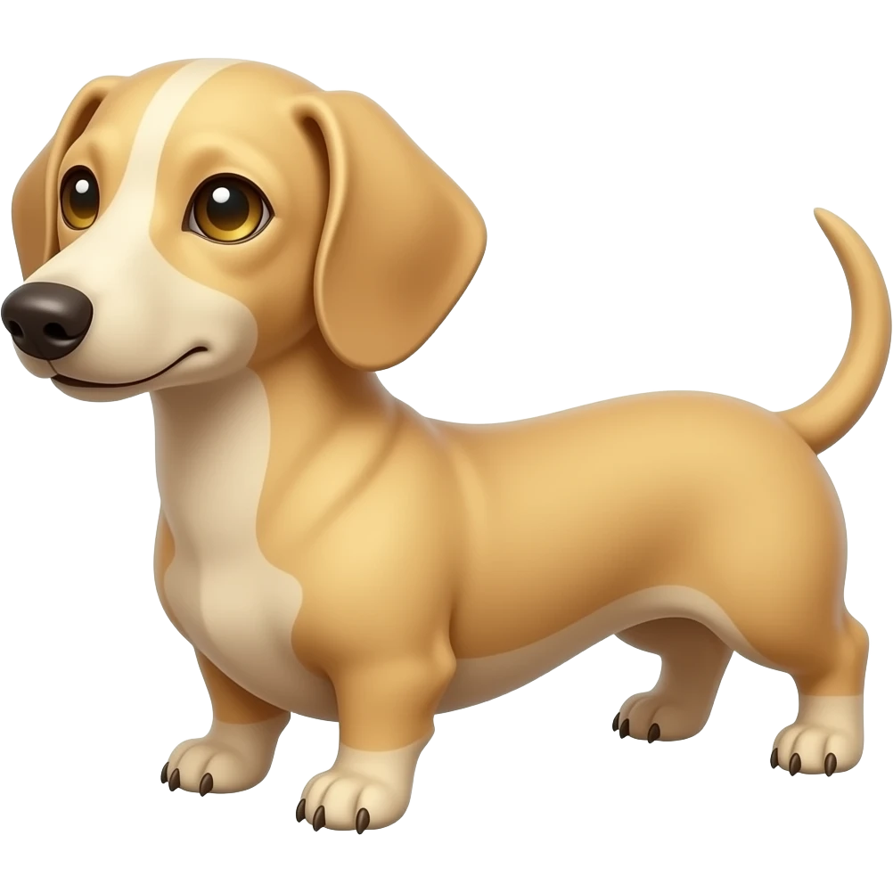 A small, thin dachshund with a snout that is narrow in width; has a faded pinkish brown colored nose and a cream/blonde colored coat; has gold colored eyes and tan colored claws/nails emoji