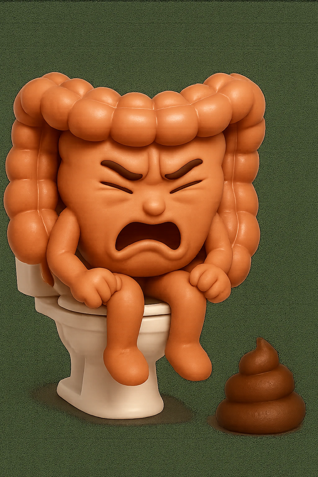 SU QUESTO STILE FAI UN EMOJI STILE IPHONE 3D DI UN INTESTINO CHE sta seduto sul wc e davanti ha una montagnetta di feci a palline stile emoji iphone, fallo senza naso e FAGLI UN ESPRESSIONE di dolore mentre si sforza E FALLO MOLTO REALISTICO IN 3D emoji