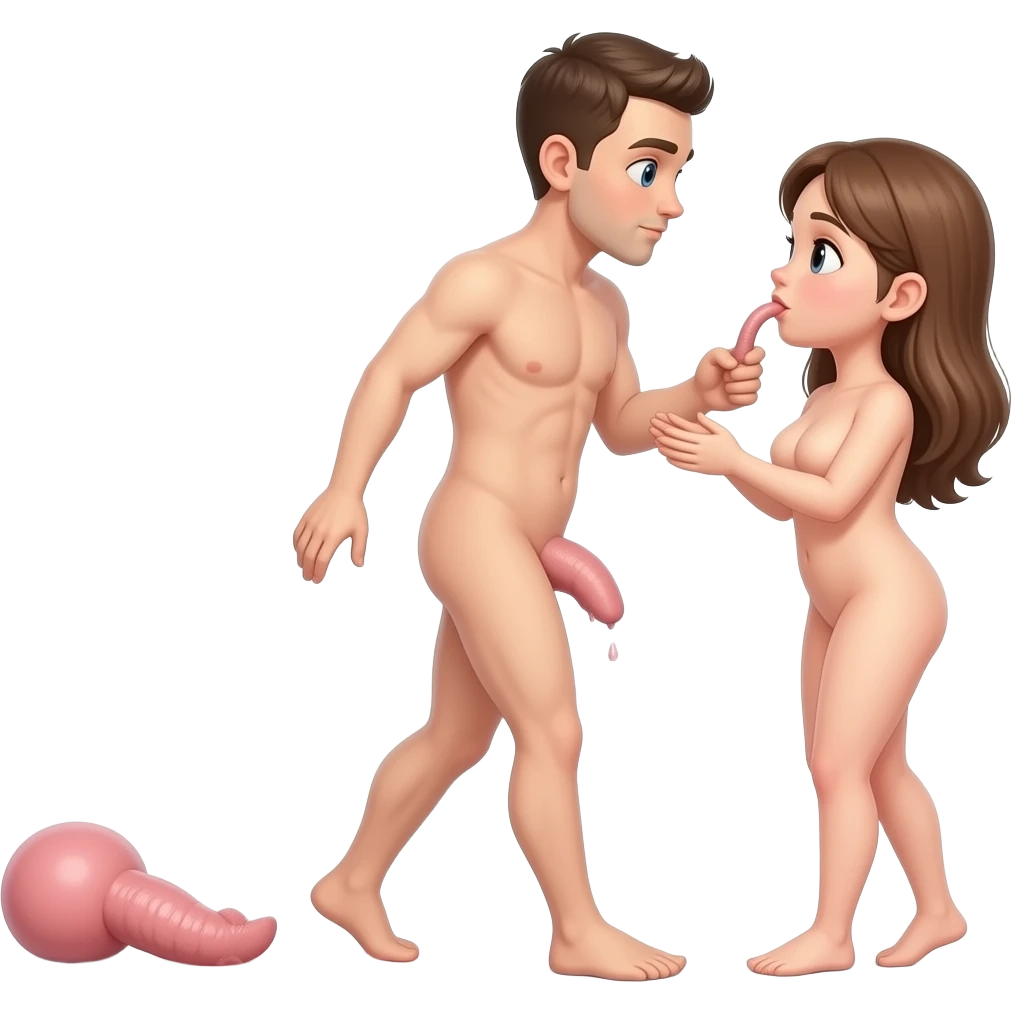 Bot walking around fully naked in public with his Penis dragging  along the floor and a girl fully naled put his penis that is attached to his crotch into her (not mouth) and they start making out emoji