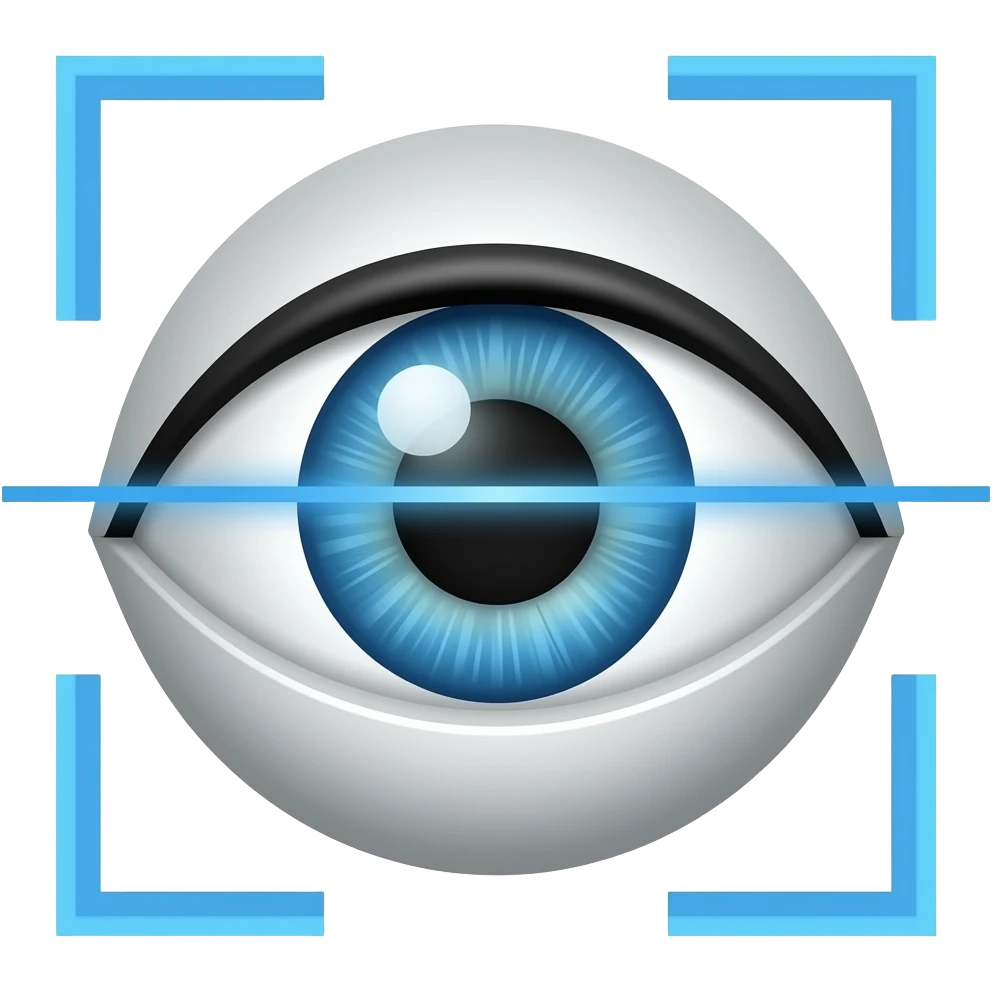 Minimalist icon of a digital eye with a blue laser scanning line, computer vision concept, tech style, flat design, vector art, blue and white colors, dark background. emoji