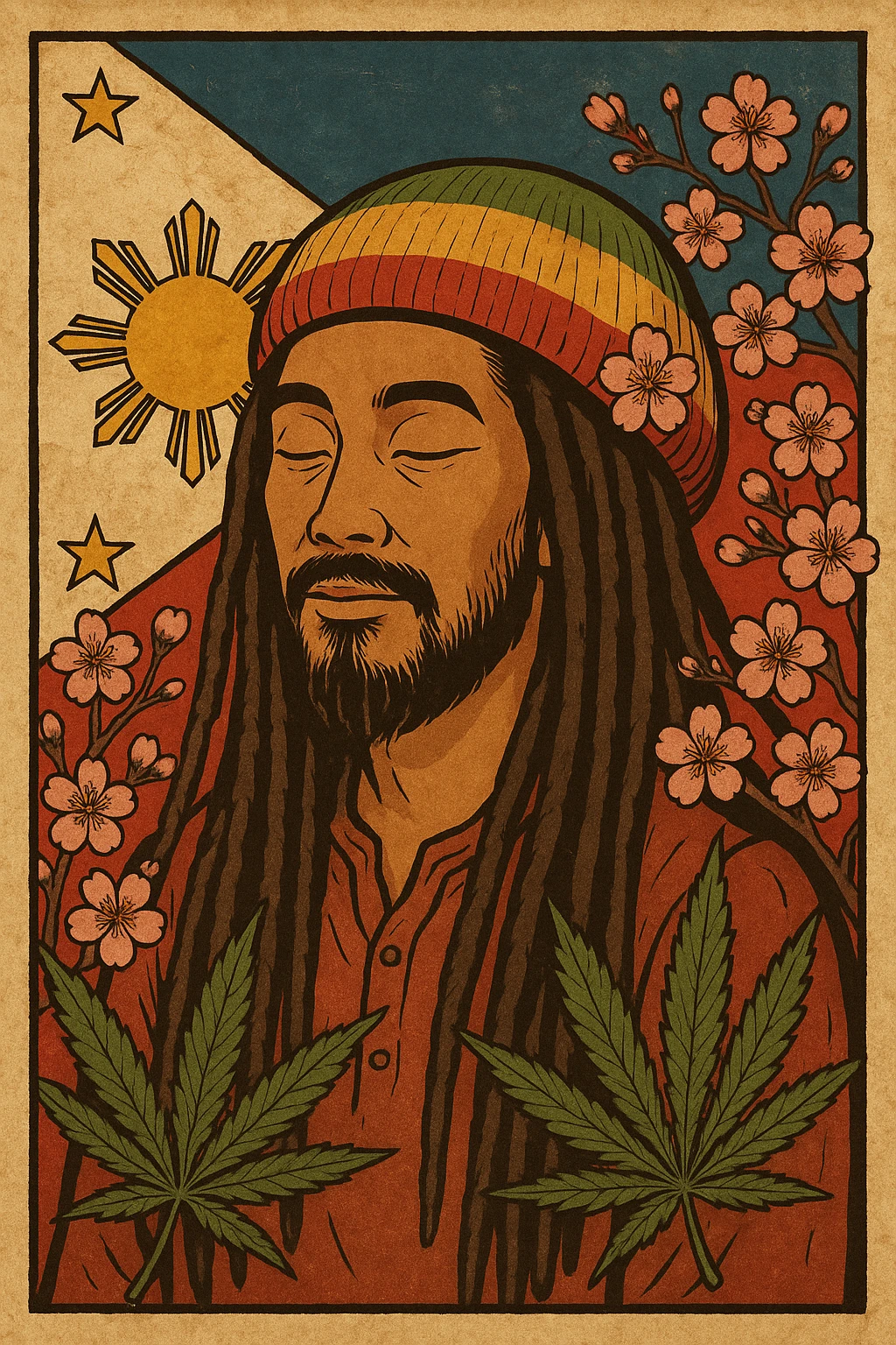 Vintage poster of an Asian Rasta with long dreadlocks, peaceful eyes, and a red-gold-green tam. Surrounded by cherry blossoms and ganja leaves. Background Asian flag. Retro reggae fusion vibe, with bold lines and aged paper texture. Philippines with the actual flag
 emoji