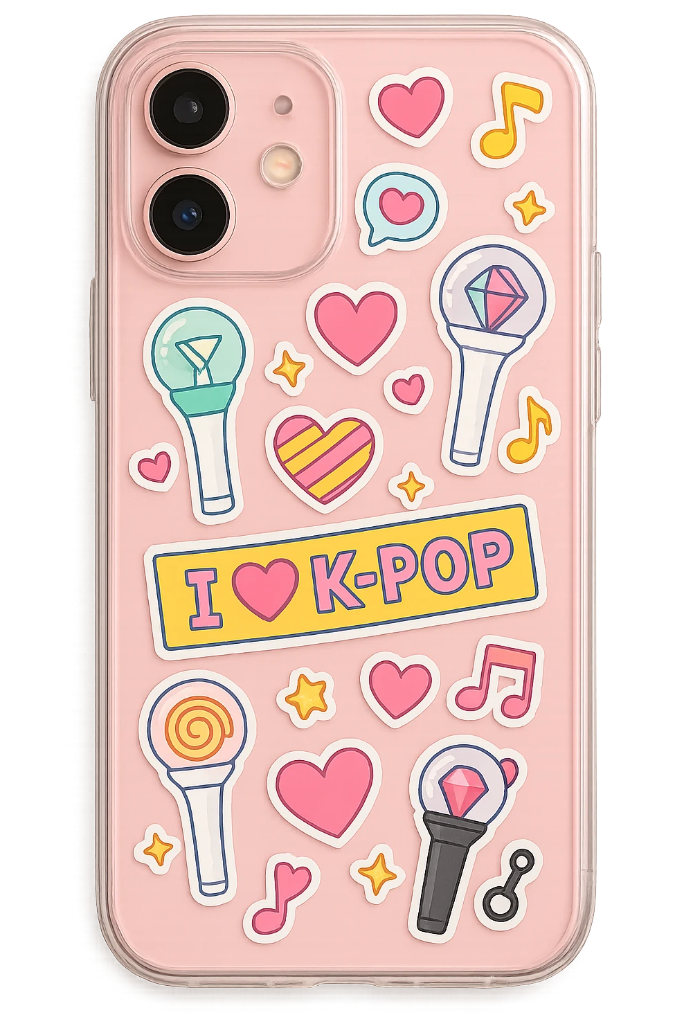 pink kpop fan phone case with stickers, cute emoji