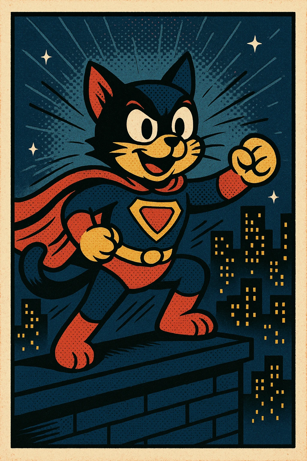 super cat standing on rooftop with city background at night, comic style emoji