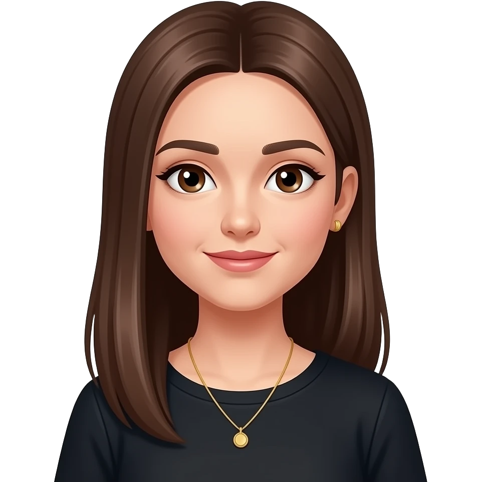 chica castaña con ojos marrones pelo largo liso  top negro y collar fino dorado y pendientes dorados emoji