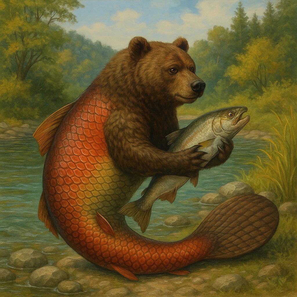 A bear with a salmon body and a beaver tail, holding a fish emoji