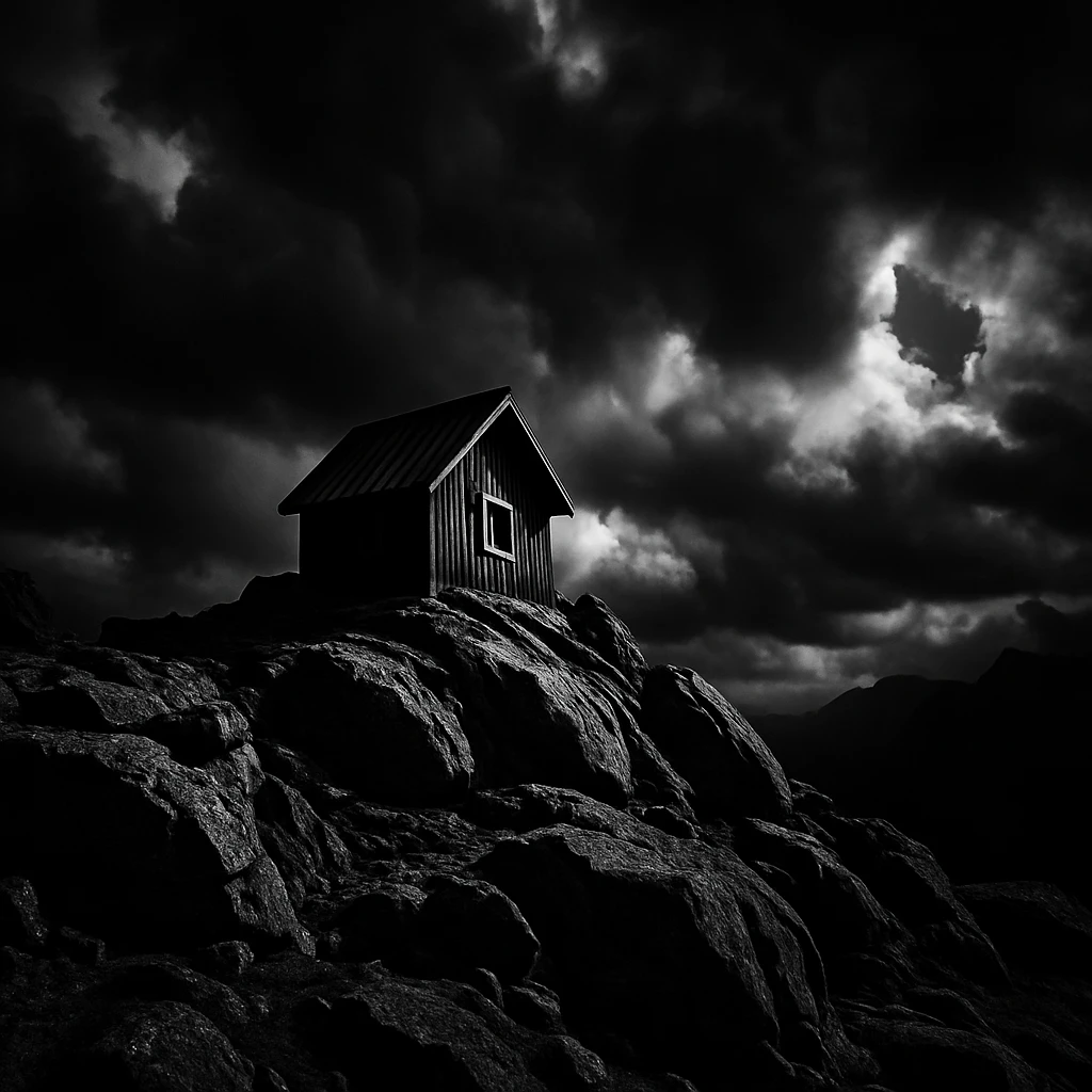 a tiny cabin on a rocky mountain summit, dramatic, bold contrast emoji