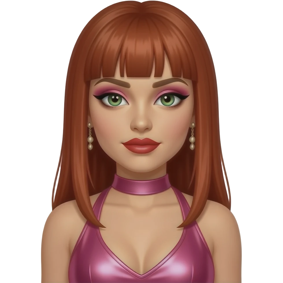 Carmit Bachar from The Pussycat Dolls with hazel-green eyes, long red straight hair, hot pink eyeshadow, red lipstick, hot pink metallic halter dress, earrings emoji
