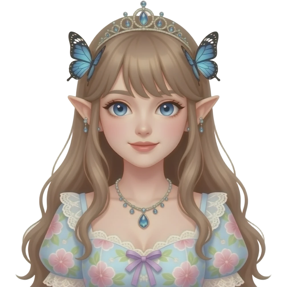 Cottagecore shiny gorgeous realistic sweet beautiful romantic aesthetic vogue tomboy boyish super model anime lady with elvish butterfly-ears, dress, necklace, tiara, ear cuffs emoji