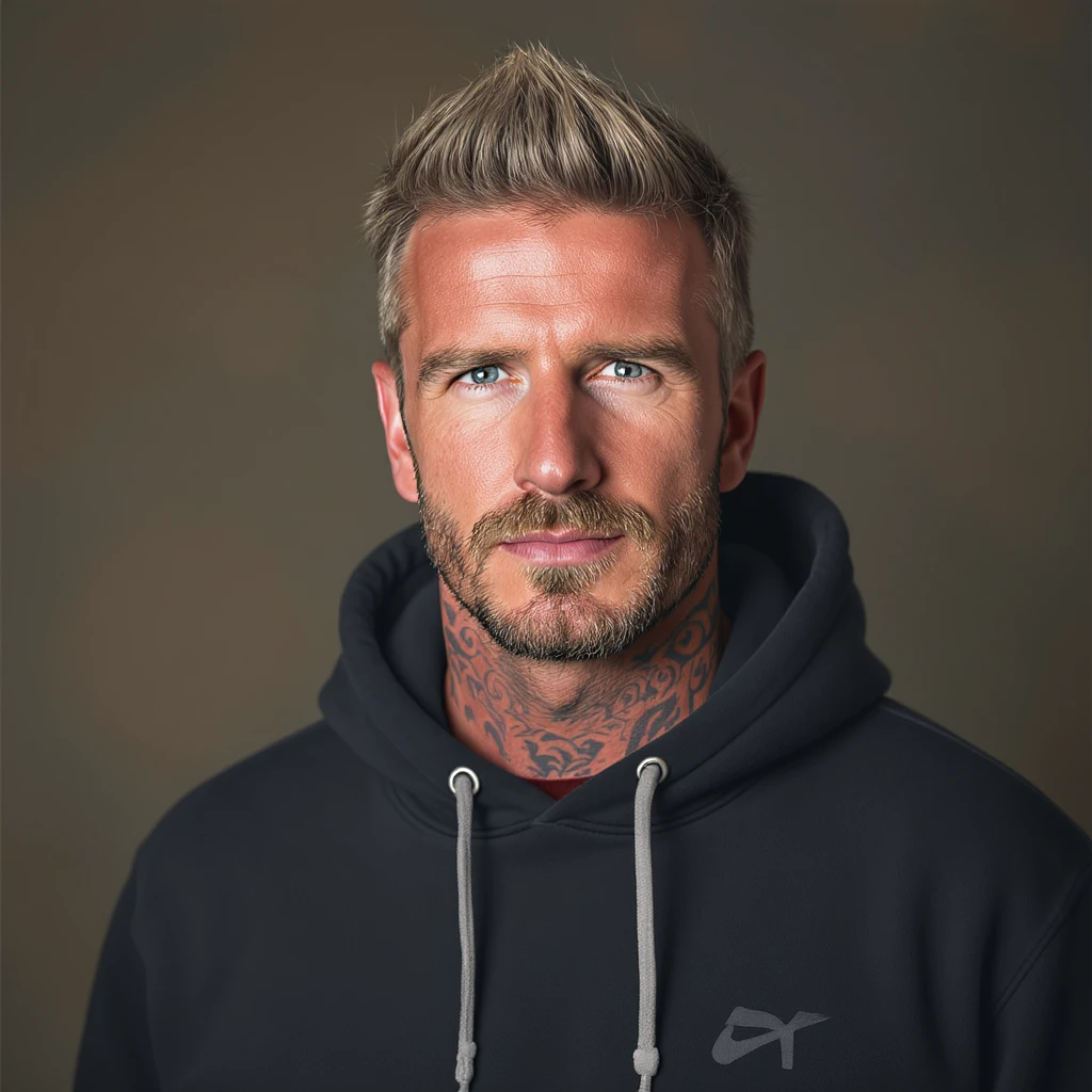 realistic illustration of David Beckham, casual outfit, tattoos visible, modern and fashionable emoji