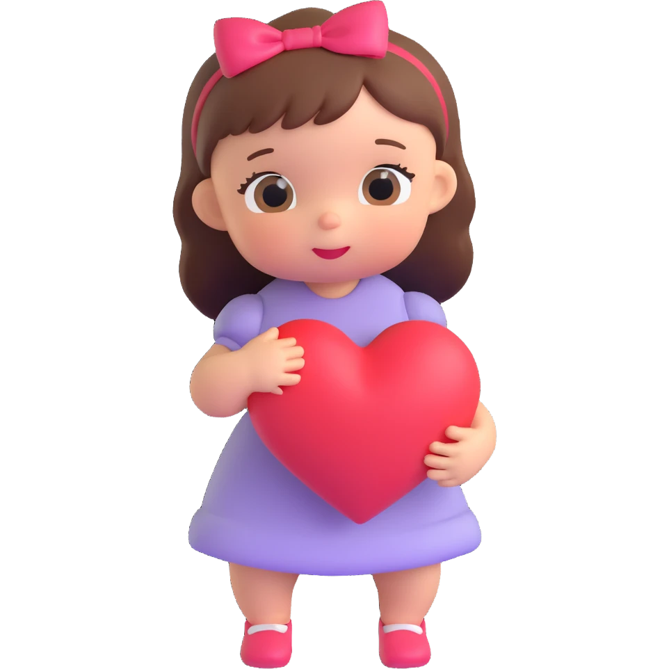 A baby girl holds a heart emoji