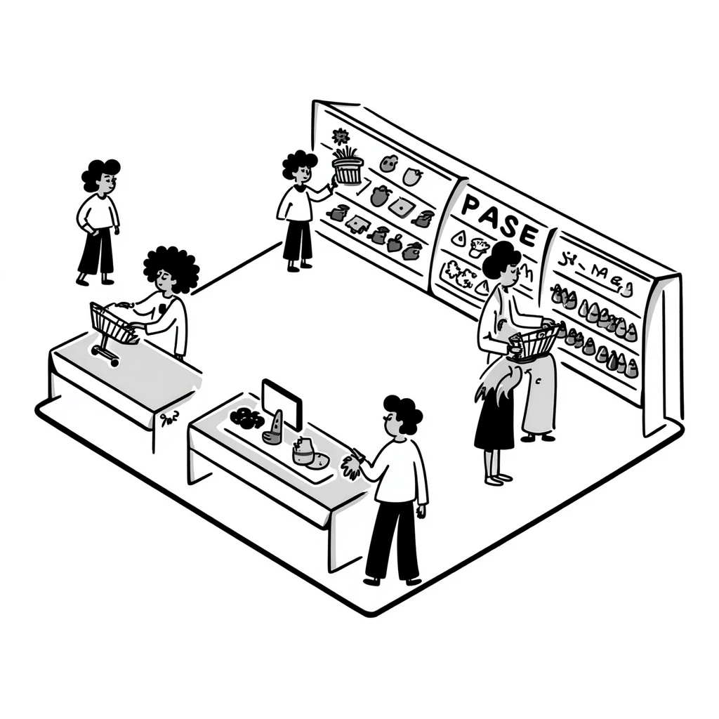 Isometric view of a supermarket interior with grocery aisles, shoppers, and cash registers emoji