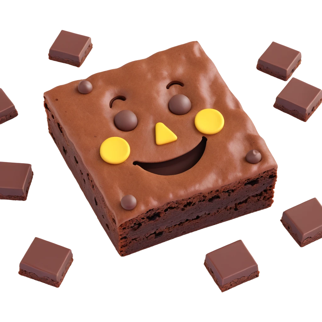3D chocolate brownie with a smiley face, realistic depth, with chocolate chips, emoji style emoji
