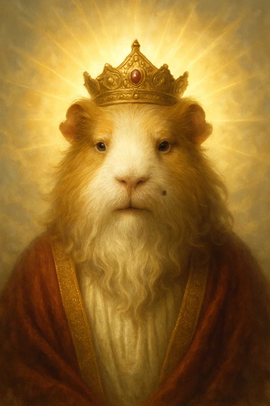 almighty guinea pig god with a mole on the left cheek, surrounded by glowing aura, regal and wise emoji