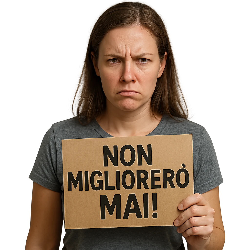 DONNA CHE TIENE UN CARTELLO IN MANO CON LA SCRITTA "NON MIGLIORERò MAI!", iperrealistico 4k emoji