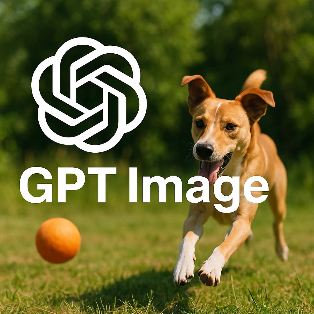  logo of chat gpt with text "GPT Image" on the background of a dog chasing ball, realistic image emoji