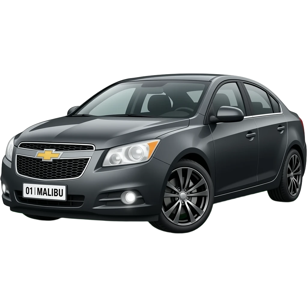 A realistic icon emoji of a metallic black sedan Chevrolet Cobalt 2012, front wheels steered to the left, dark charcoal tint windows, black alloy 5-spoke rims, Dynamic white glow LED headlights with glowing effect, uzbekistan flag, number texts "01 | MALIBU" in plate emoji