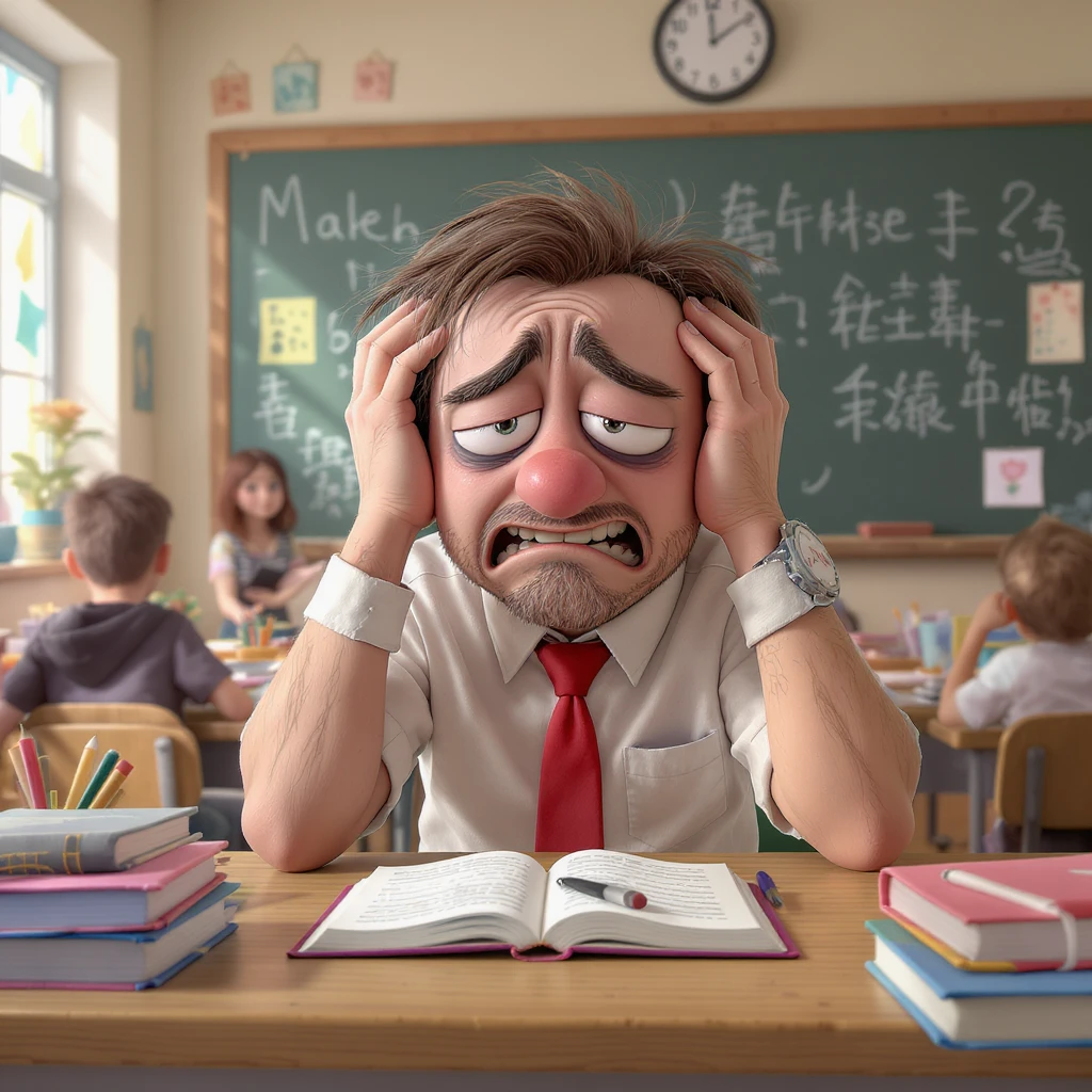 digital 2d cartoon art of a exhausted teacher in a bustling classroom emoji