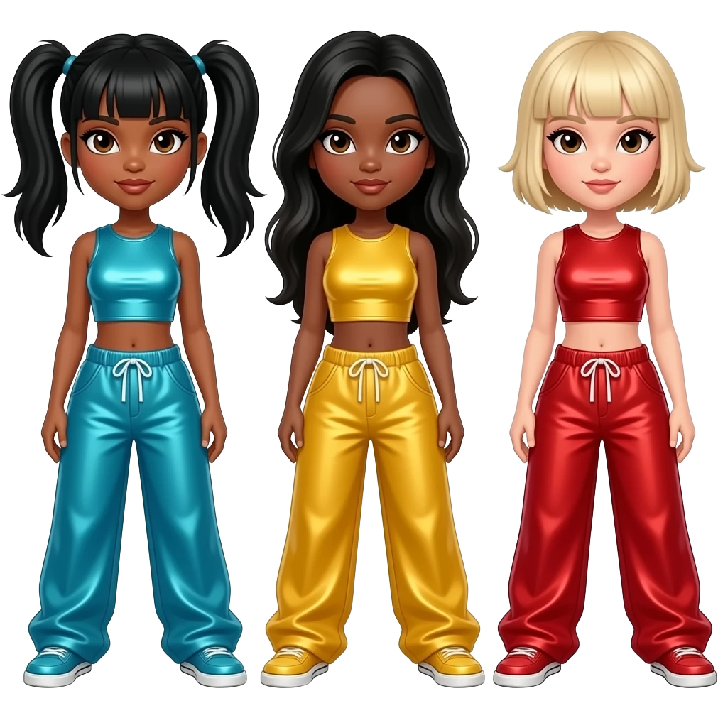 TLC with with Left Eye with brown eyes, black two ponytail hair, cyan metallic crop top and baggy pants, Chilli with brown eyes, long black hair, yellow metallic crop top and baggy pants, T-Boz with brown eyes,short blonde hair, red metallic crop top and baggy pants emoji
