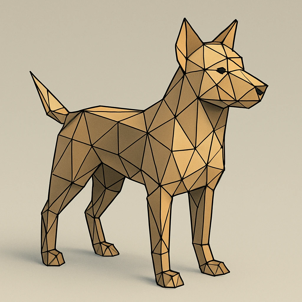 {
  "style_description": {
    "name": "Low Poly Wireframe",
    "overall_look": "Geometric abstraction with visible polygonal mesh edges and a minimal, digital aesthetic",
    "geometry": {
      "shape_type": "triangles and quadrilaterals forming faceted surfaces",
      "structure": "low-resolution polygon meshes with flat faces",
      "edge_visibility": "clear, sharp wireframe outlines around each polygon",
      "dimensionality": "3D-like forms created through flat shading and edge contours"
    },
    "linework": {
      "type": "thin or semi-bold outlines tracing all edges of the mesh",
      "style": "uniform or slightly stylized (e.g., dotted or glowing lines)",
      "color": "typically black, dark gray, or color-matched for contrast"
    },
    "color": {
      "application": "solid flat colors per polygon, without gradients",
      "palette_type": "limited, often monochromatic or with tonal variation per face",
      "highlighting": "minimal shading to emphasize surface depth without realism"
    },
    "lighting": {
      "approach": "ambient or directional lighting used sparingly to add dimension",
      "avoid": ["soft shadows", "complex reflections", "photorealism"]
    },
    "background": {
      "style": "plain or gradient backdrop to contrast mesh clarity",
      "consistency": "flat and neutral to preserve focus on wireframe structure"
    },
    "render_constraints": {
      "avoid": ["smooth surfaces", "rounded curves", "realistic textures"],
      "focus_on": ["polygon edges", "angular forms", "mesh clarity"]
    },
    "subject_treatment": {
      "representation": "simplified, stylized forms with clear geometry",
      "emphasis": "structure, volume through form and edge"
    }
  }
}

{subject} = dog emoji