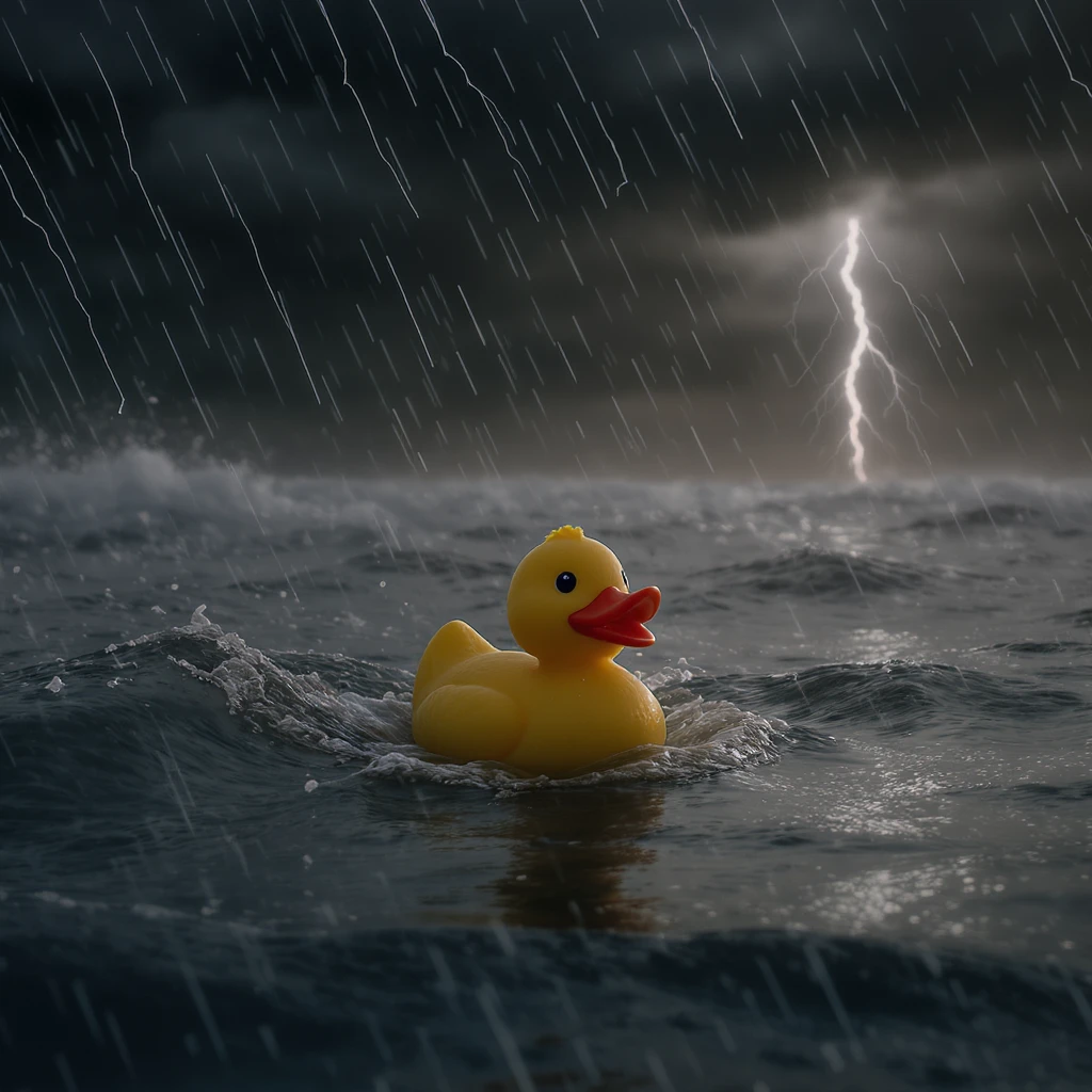 Cinematic still, Closeup shot of Yellow duck toy on ocean during storm, inspired by interstellar  emoji