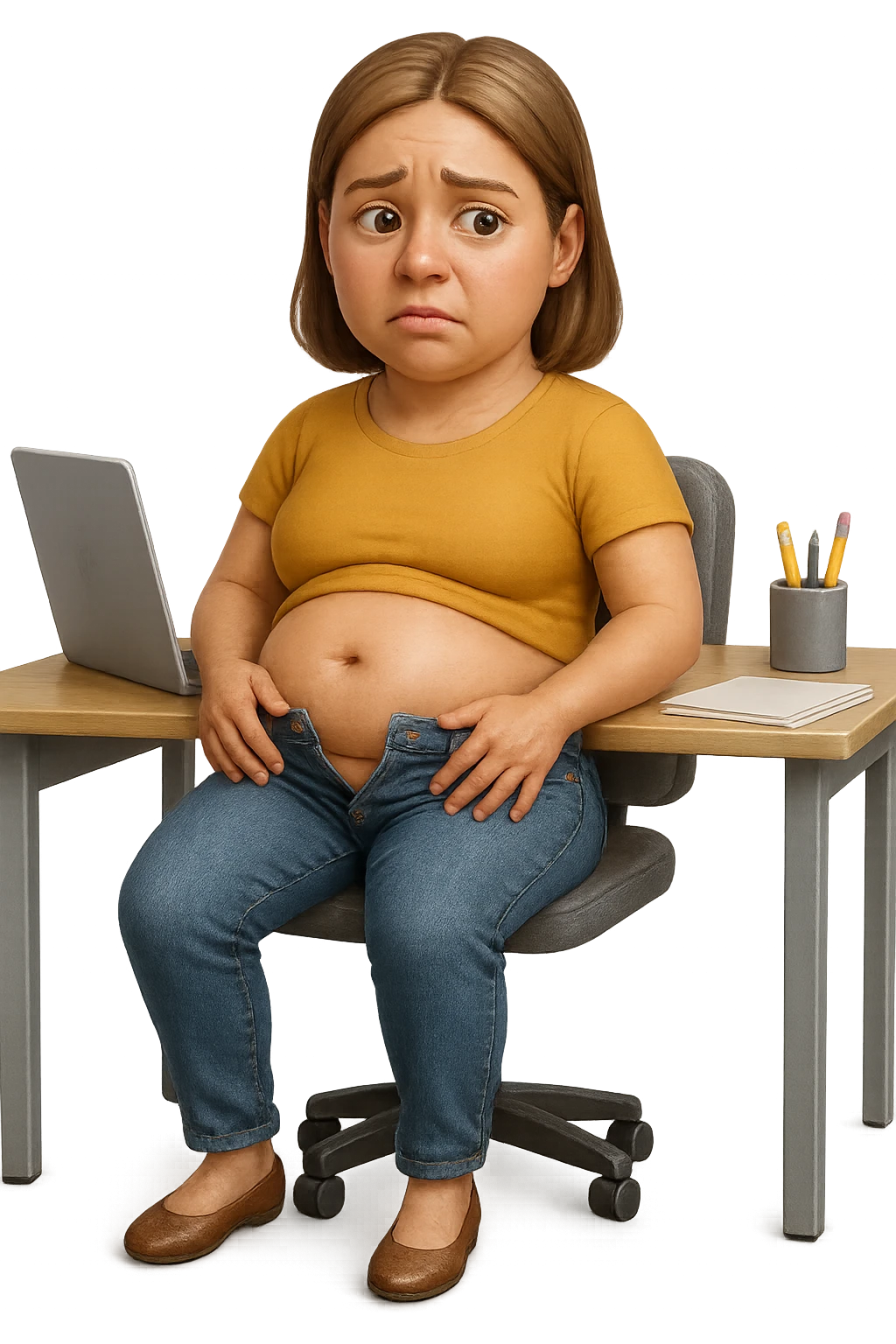 emoji stile iphone di una donna seduta alla scrivania dell'ufficio con i pantaloni sbottonati perché ha la pancia gonfia, falla a corpo intero, iperrealistico 4k emoji